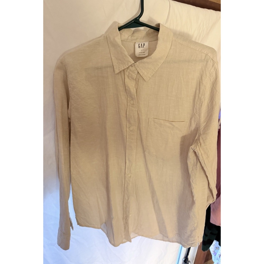GAP The Easy Shirt Women's Large Sand Khaki Linen Cotton Long Sleeve Button Up